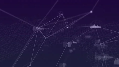 Wireframe grid plane emerging mesh forming nodes pulsing while camera panning Stockbeeldmateriaal 312415922