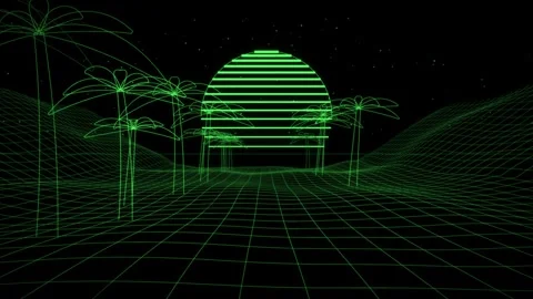 Wireframe Grid Runs Toward A Glowing Retro Horizon Stock-Footage 344514179