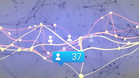 Wireframe grid showing yellow pink streams flowing blue bubble counting users Stockbeeldmateriaal 312898287