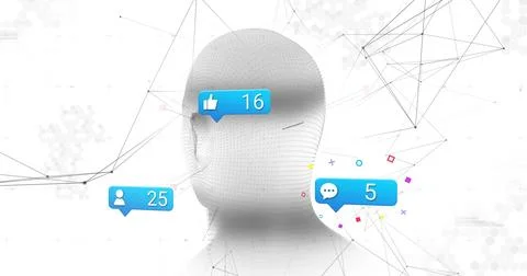 Wireframe head floating in digital network, with blue thumbs-up 16, user bubble Illustrazione stock