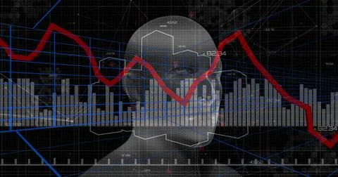 Wireframe head floating in grid interface, with red, blue trend lines, grey b Stock Illustration