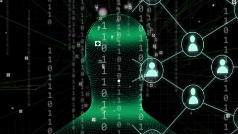 Wireframe head rotating, green band sweeping, spawning linked nodes forming Stock Footage 334337763