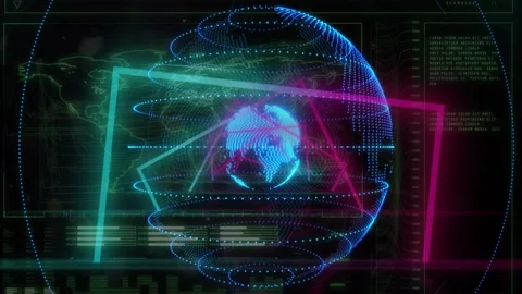 Wireframe holo globe rotating, spirals orbiting, neon beams starting 3D scan for Stock Footage 334311534