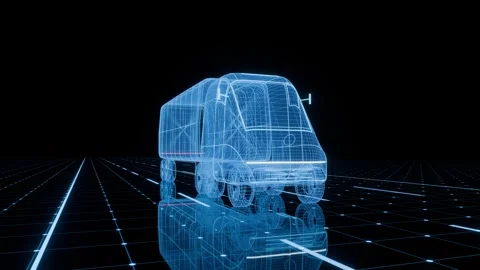 Wireframe hologram delivery truck rotating on grid floor Vídeo Stock 347722341
