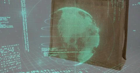 Wireframe hologram globe hovering in studio casting green code over brown fabric Illustrazione stock