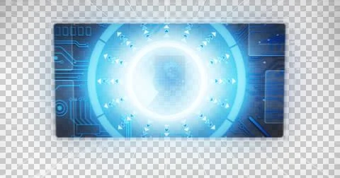 Wireframe holographic interface is hovering over grid with circuit and hub, 스톡 사진