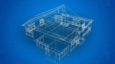 Wireframe home appearing on blue field, camera orbiting, model filling and Stock Footage 329470807