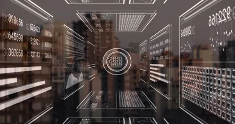 Wireframe HUD receiving data feed and cycling central reticle and side panels Vídeos de archivo 329701374