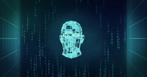 Wireframe human face with binary code animation over dark digital background 動画素材 310979356