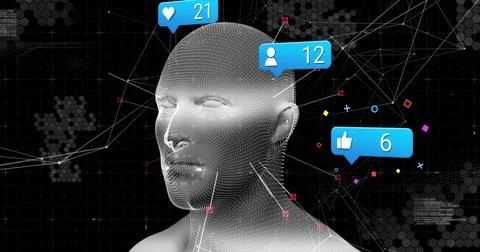 Wireframe humanoid head in data grid receiving badge pulses, animating nodes and Stock Illustration