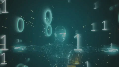 Wireframe humanoid standing in cyberspace technology landscape, binary digits Stock Footage 308100826