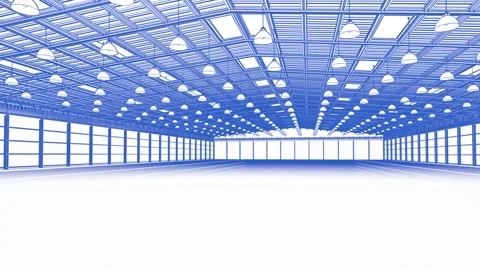 Wireframe interior empty warehouse with pendant lamps 4k footage Video stock 309002328