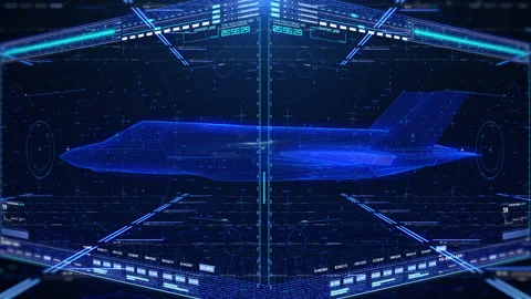 Wireframe Jet Rotating with Camera Movement Revealing HUD Panels. Video stock 336159156