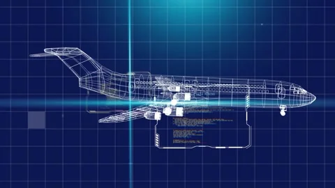 Wireframe jet rotating, camera moving, revealing HUD panels, crosshair grid Video stock 332686023