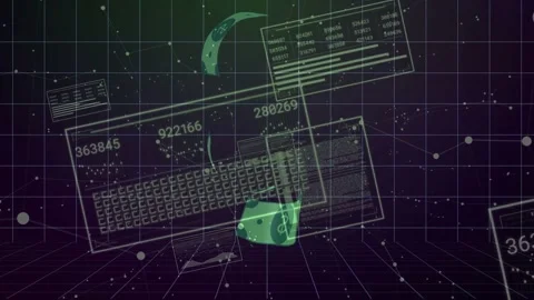 Wireframe keyboard and HUD panels responding to numeric data pulse in finance, Stock Footage 332900043