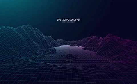 Wireframe landscape background. Futuristic vector illustration. Illustrazione stock