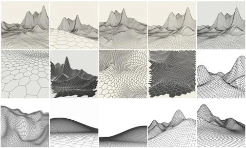 Wireframe landscape backgrounds set. EPS 10 Vector illustration. Terrain digital Stock Illustration