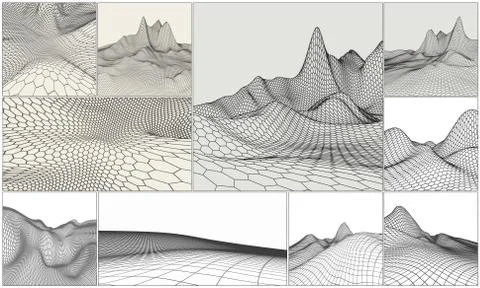 Wireframe landscape backgrounds set. EPS 10 Vector illustration. Terrain digital Stock Illustration