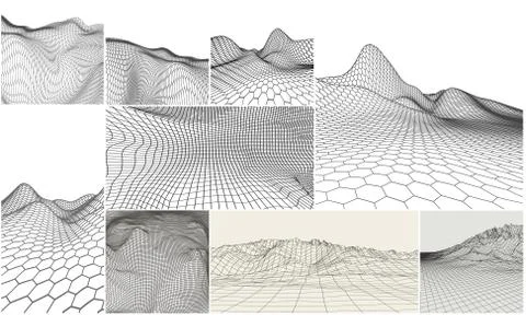 Wireframe landscape backgrounds set. EPS 10 Vector illustration. Terrain digital Stock Illustration