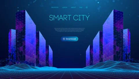 Wireframe landscape with Smart city. Technology background blue in low poly Stockillustratie