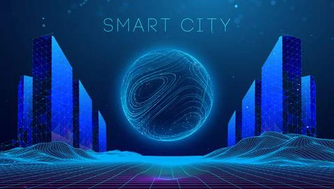 Wireframe landscape with Smart city. Technology background blue in low poly Stock Illustration