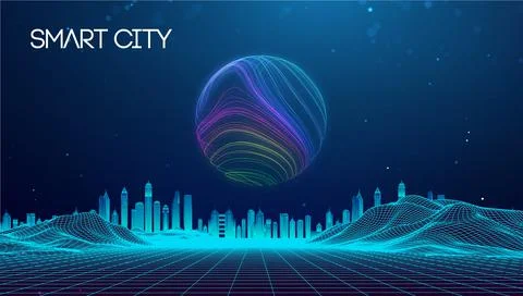 Wireframe landscape with Smart city. Technology background blue in low poly Stockillustratie