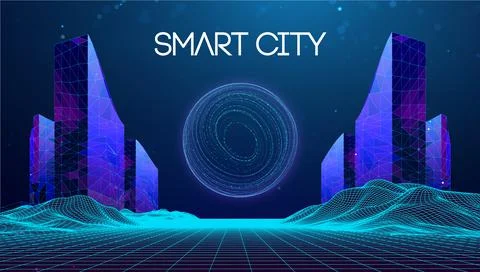 Wireframe landscape with Smart city. Technology background blue in low poly Stockillustratie