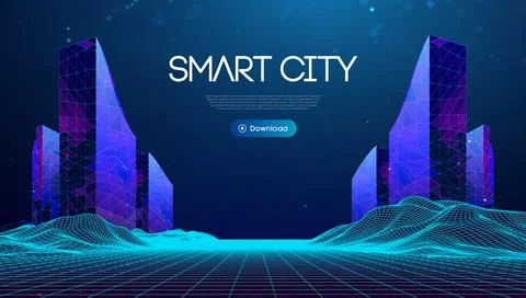Wireframe landscape with Smart city. Technology background blue in low poly Stockillustratie