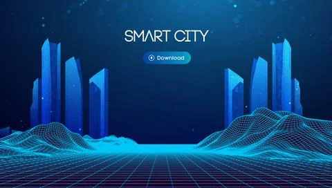 Wireframe landscape with Smart city. Technology background blue in low poly Stockillustratie