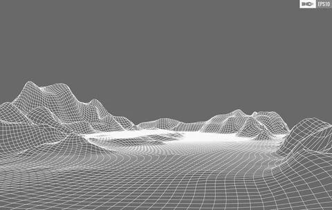 Wireframe landscape on white background. Abstract geometric vector technology Stock Illustration