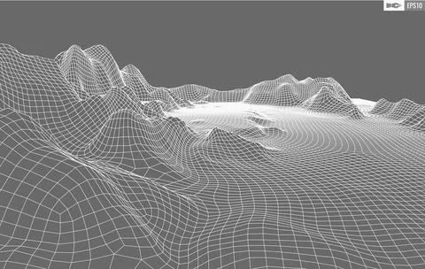 Wireframe landscape on white background. Abstract geometric vector technology Illustrazione stock