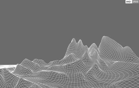 Wireframe landscape on white background. Abstract geometric vector technology Stock Illustration