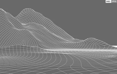 Wireframe landscape on white background. Abstract geometric vector technology Stock Illustration