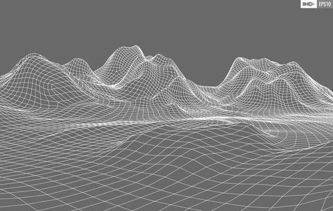 Wireframe landscape on white background. Abstract geometric vector technology Stock Illustration