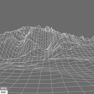 Wireframe landscape on white background. Abstract geometric vector technology Stock Illustration