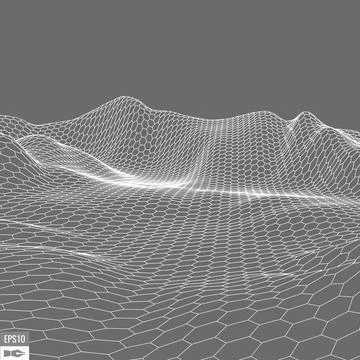 Wireframe landscape on white background. Abstract geometric vector technology Illustrazione stock