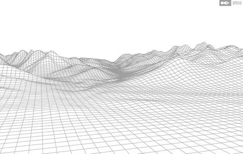 Wireframe landscape on white background. Abstract geometric vector technology Illustrazione stock