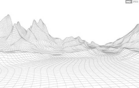 Wireframe landscape on white background. Abstract geometric vector technology Illustrazione stock