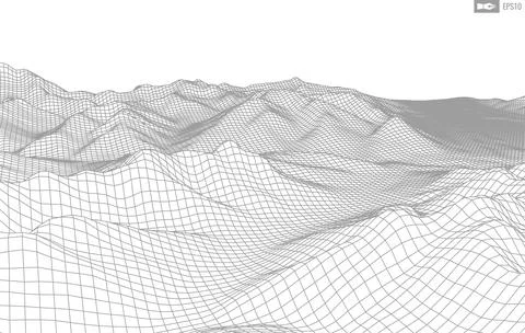 Wireframe landscape on white background. Abstract geometric vector technology Illustrazione stock