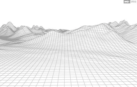 Wireframe landscape on white background. Abstract geometric vector technology Illustrazione stock