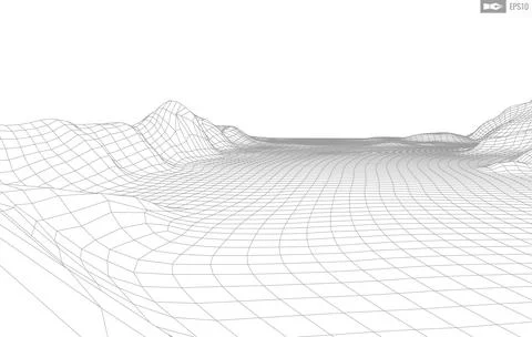 Wireframe landscape on white background. Abstract geometric vector technology Illustrazione stock