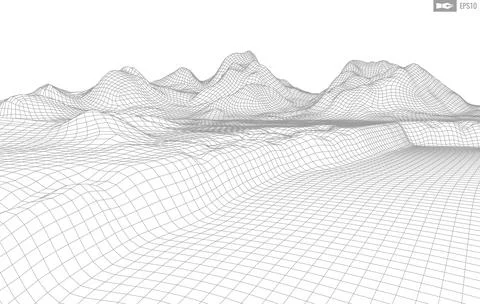 Wireframe landscape on white background. Abstract geometric vector technology Stock Illustration