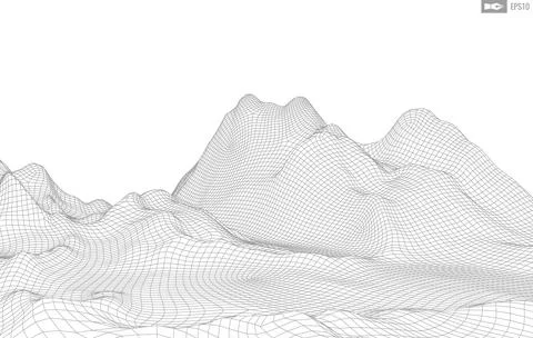 Wireframe landscape on white background. Abstract geometric vector technology Stock Illustration