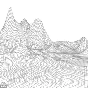 Wireframe landscape on white background. Abstract geometric vector technology Stock Illustration