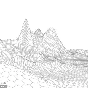 Wireframe landscape on white background. Abstract geometric vector technology Illustrazione stock