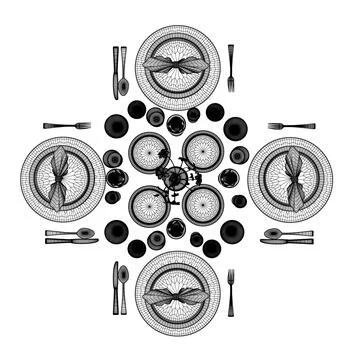 Wireframe of the layout of kitchen appliances on a table in a restaurant ma.. Stock Illustration