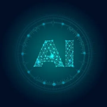 Wireframe letters AI with a circular digital interface on dark background Stock Illustration
