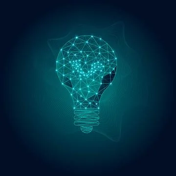 Wireframe light bulb on dark blue neon background. Poster for conference Stock Illustration