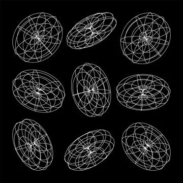 Wireframe lined shapes. Perspective mesh, 3d grid. Low poly geometric elements Stock Illustration