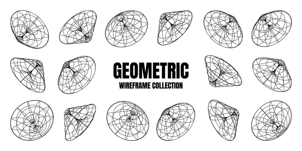 Wireframe lined shapes. Perspective mesh, 3d grid. Low poly geometric elements Stock Illustration